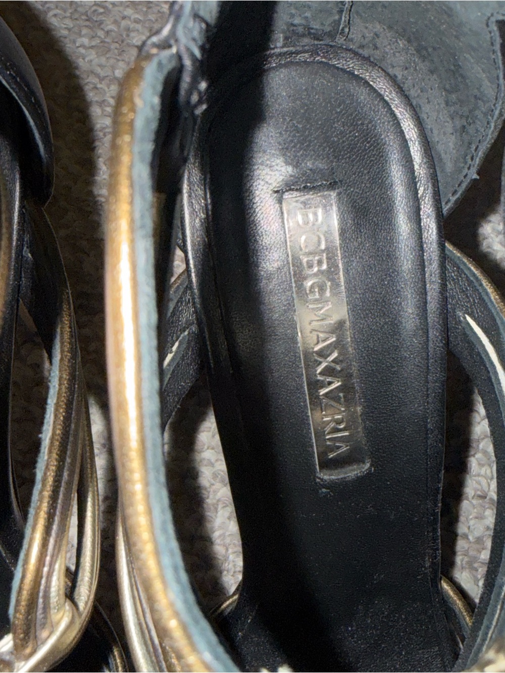 BCBGMaxAzria Black Sandal Heels with Gold Metallic Straps - Picture 6 of 6